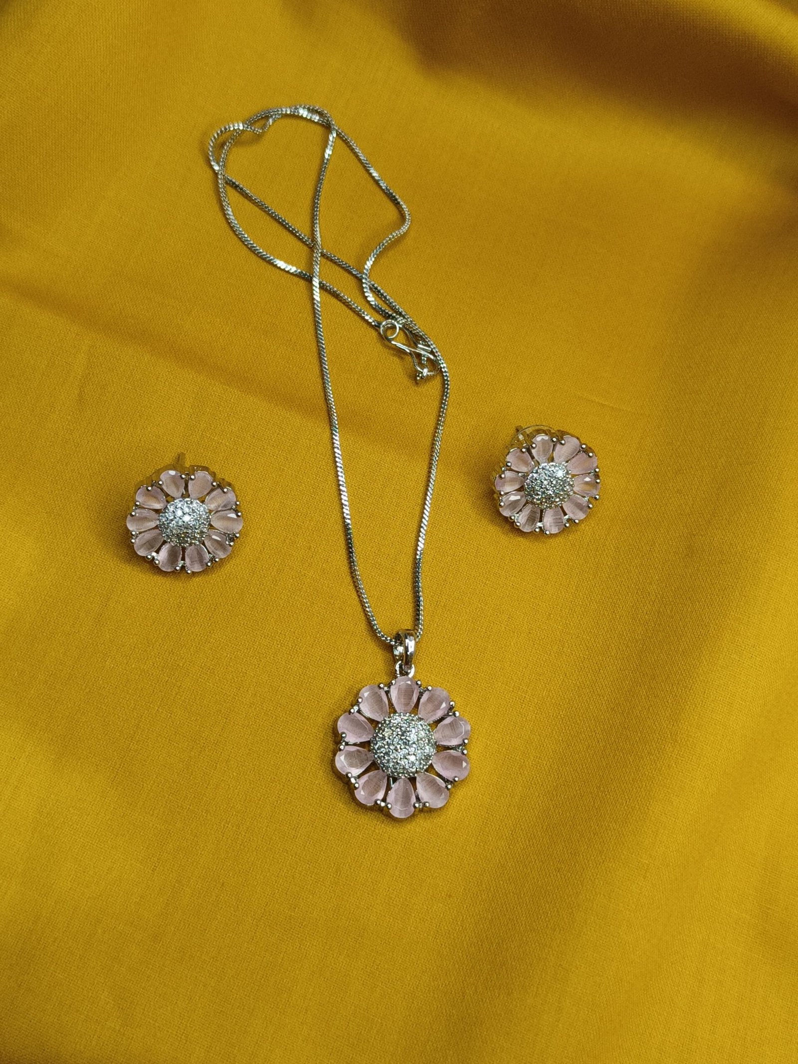 Floral Design Jewellery Set, Pink Enamel, Crystal Embellished, Pendant Necklace, Matching Earrings