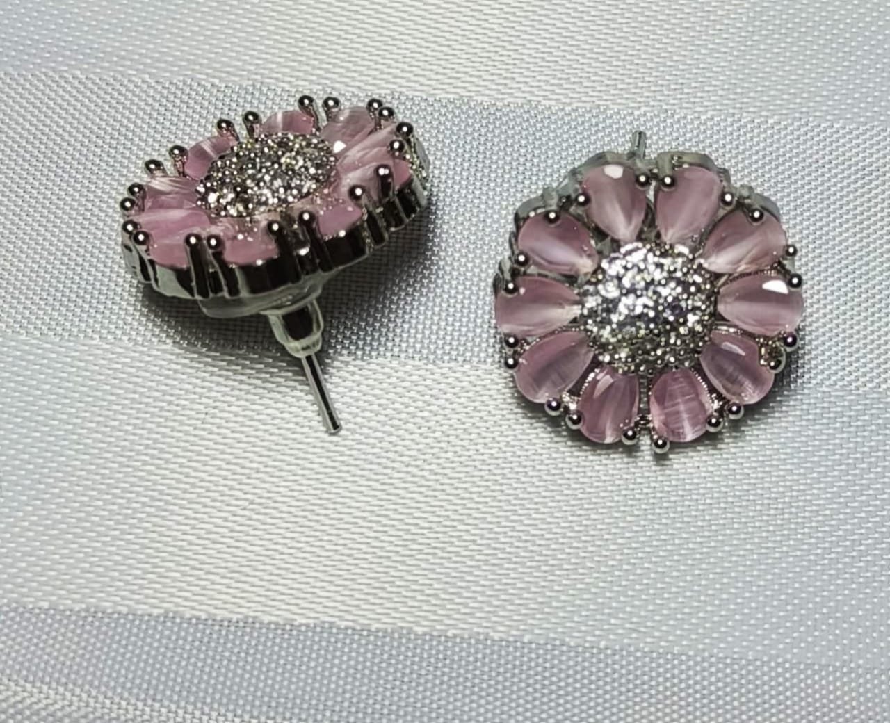 Floral Design Jewellery Set, Pink Enamel, Crystal Embellished, Pendant Necklace, Matching Earrings