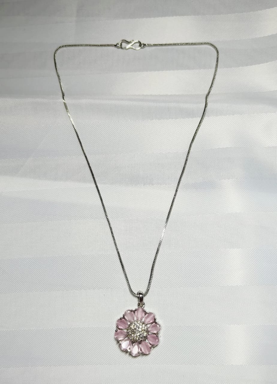 Floral Design Jewellery Set, Pink Enamel, Crystal Embellished, Pendant Necklace, Matching Earrings