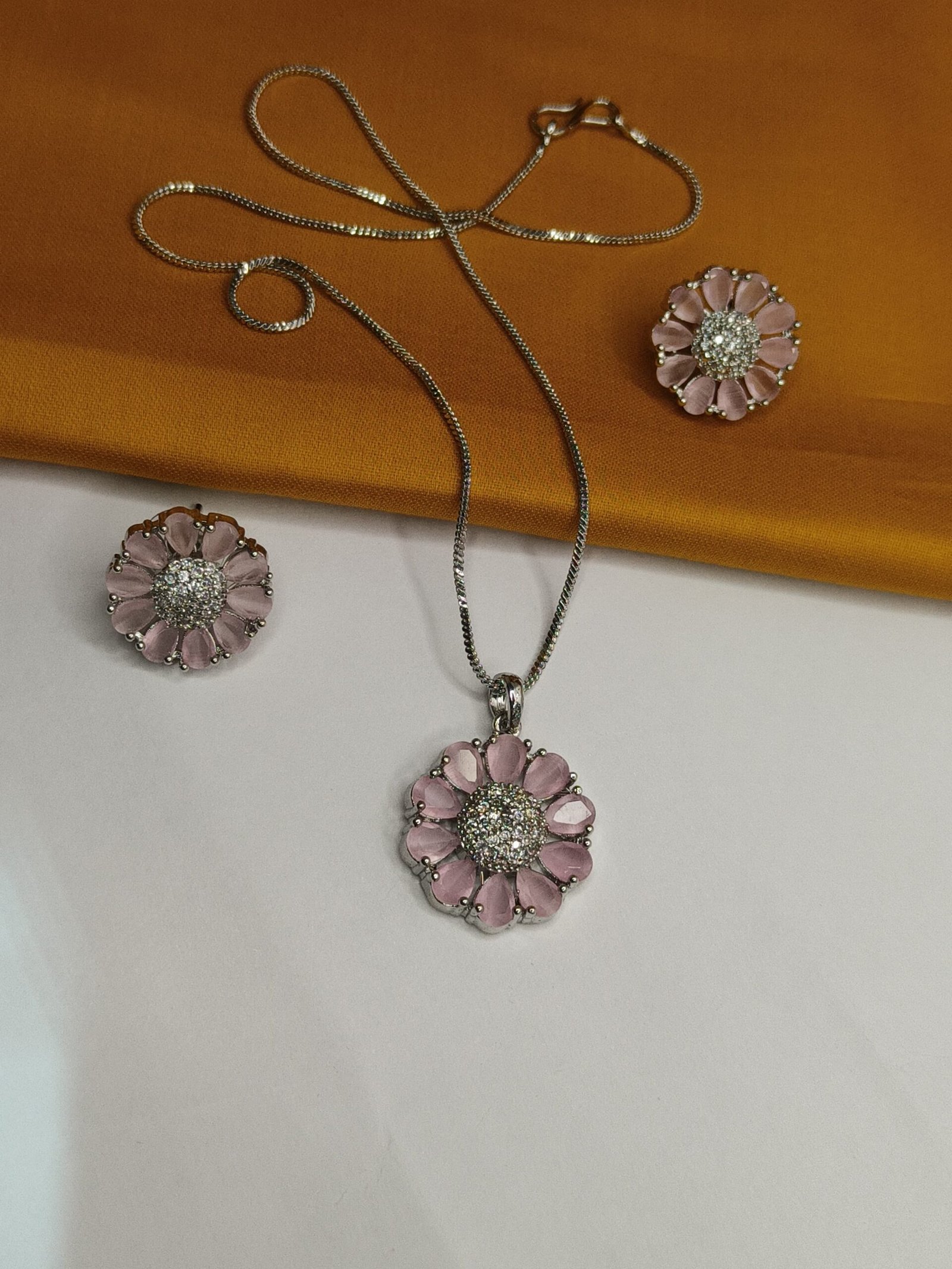 Floral Design Jewellery Set, Pink Enamel, Crystal Embellished, Pendant Necklace, Matching Earrings