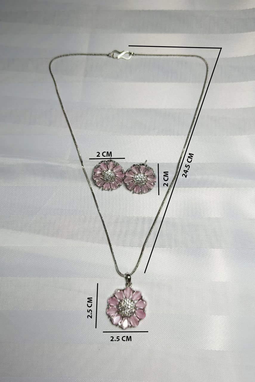 Floral Design Jewellery Set, Pink Enamel, Crystal Embellished, Pendant Necklace, Matching Earrings