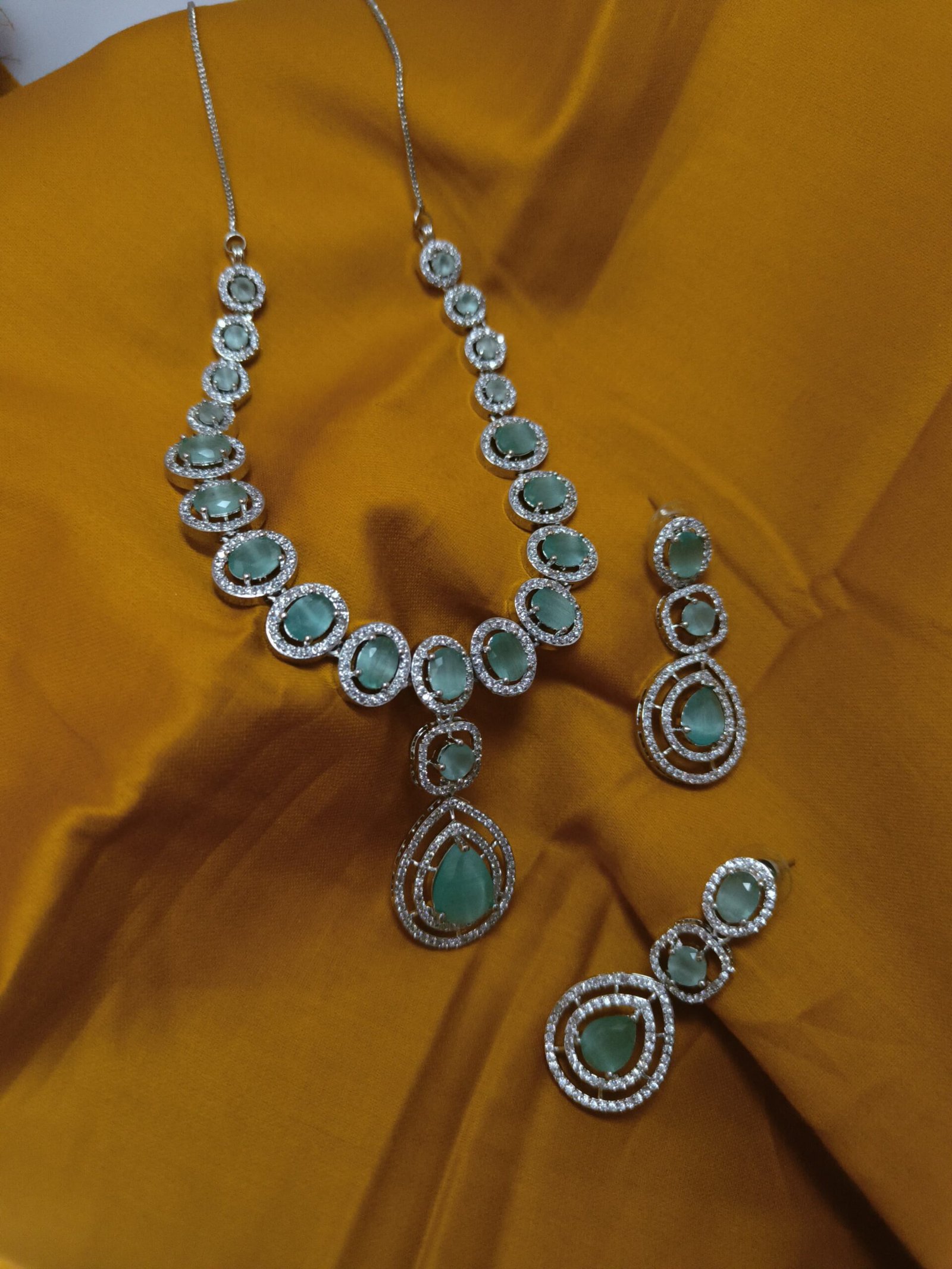 Rhodium Plated Silver Toned American Diamond Stone Studded Necklace With Earring Jewellery Set For Women and Girl