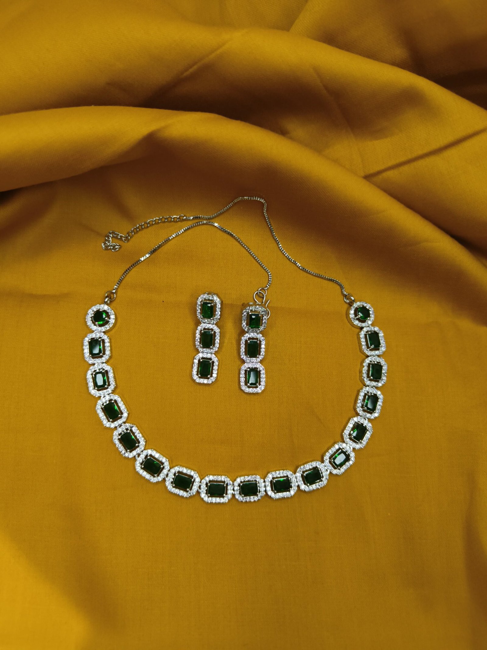 Shahi Pehnawa Emerald Green Necklace Set, Rhodium Plated for Girls and Women