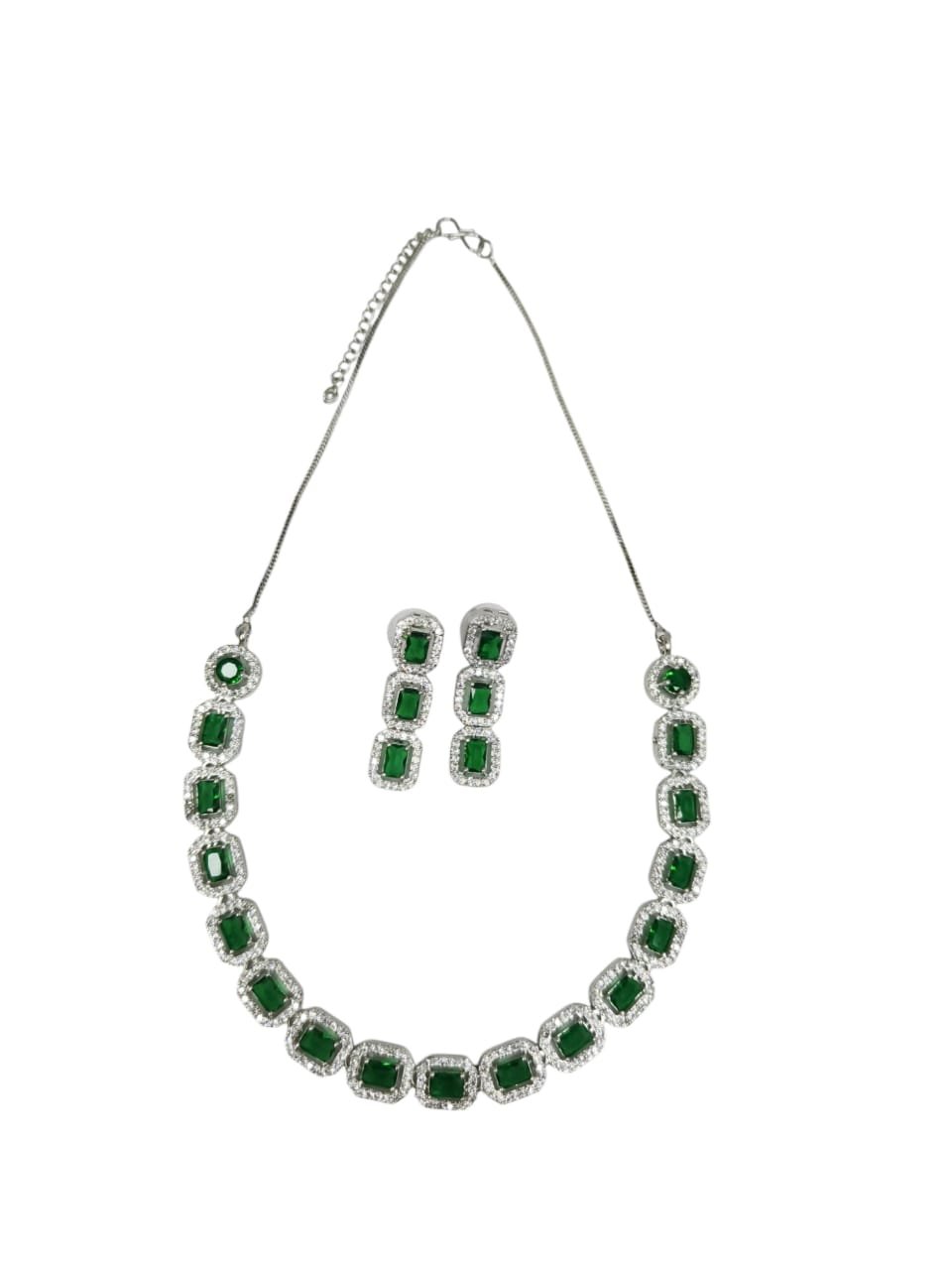 Shahi Pehnawa Emerald Green Necklace Set, Rhodium Plated for Girls and Women