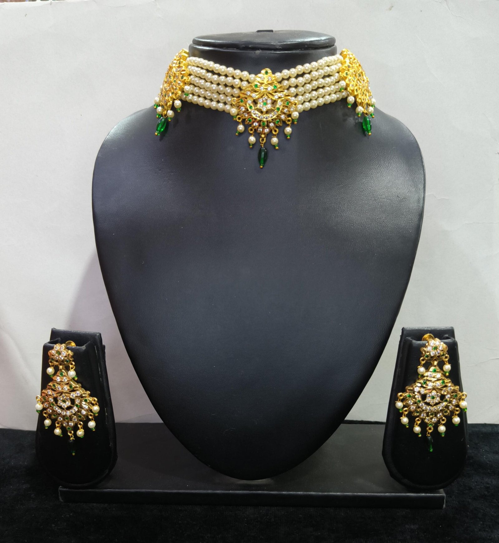 Handcrafted Jadau Gold Polished Necklace Chik Set with Matching Earrings