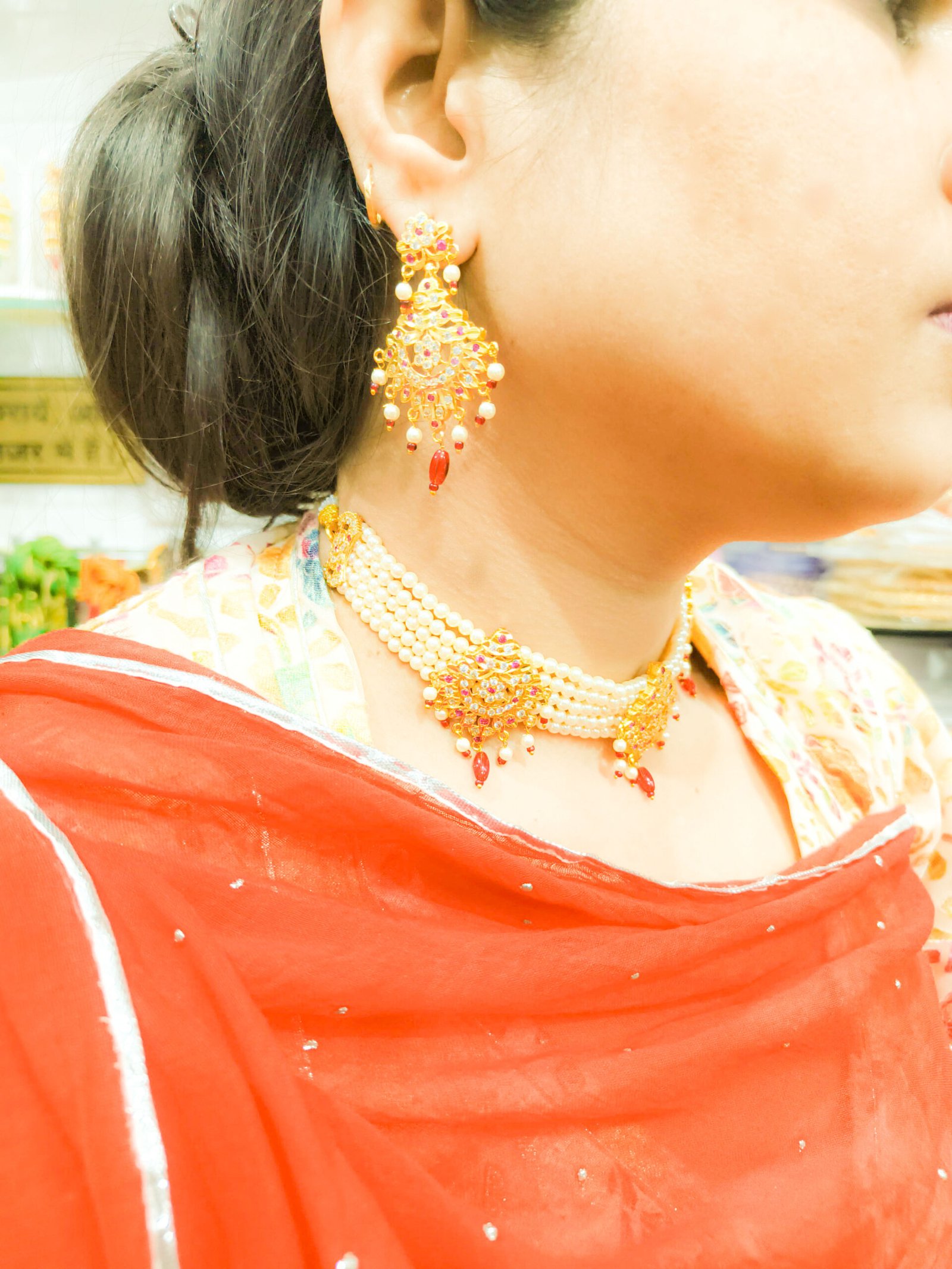 Handcrafted Jadau Gold Polished Necklace Chik Set with Matching Earrings