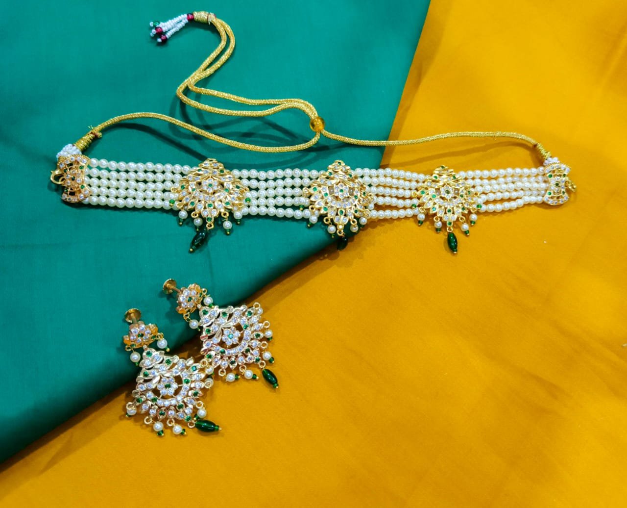 Handcrafted Jadau Gold Polished Necklace Chik Set with Matching Earrings