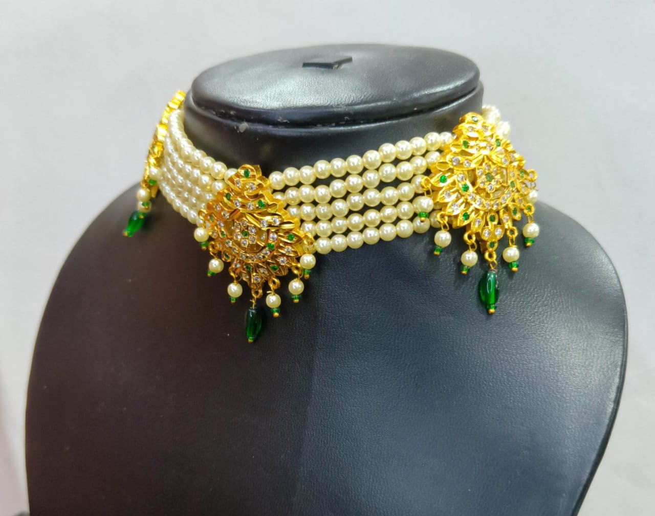 Handcrafted Jadau Gold Polished Necklace Chik Set with Matching Earrings