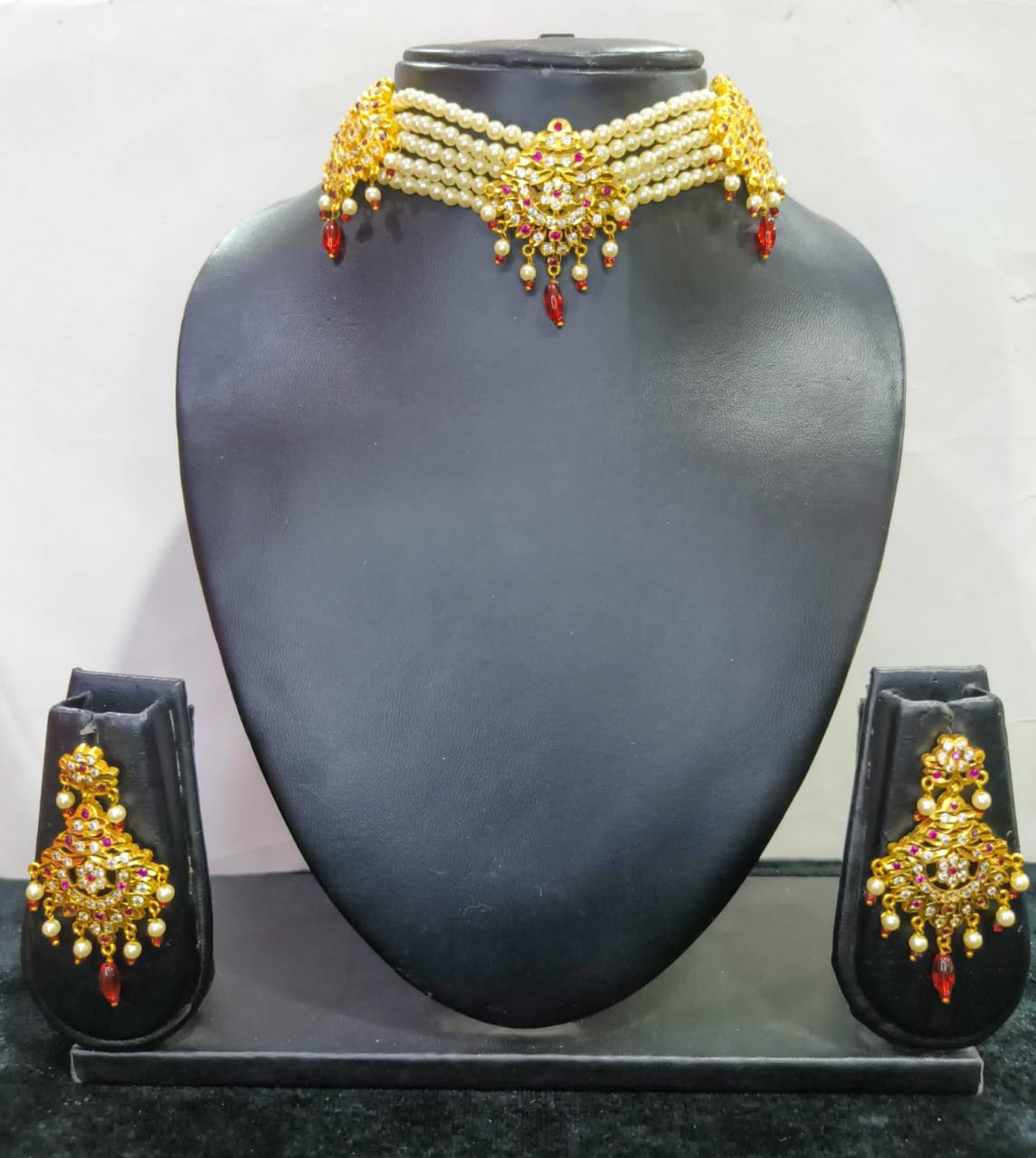 Handcrafted Jadau Gold Polished Necklace Chik Set with Matching Earrings