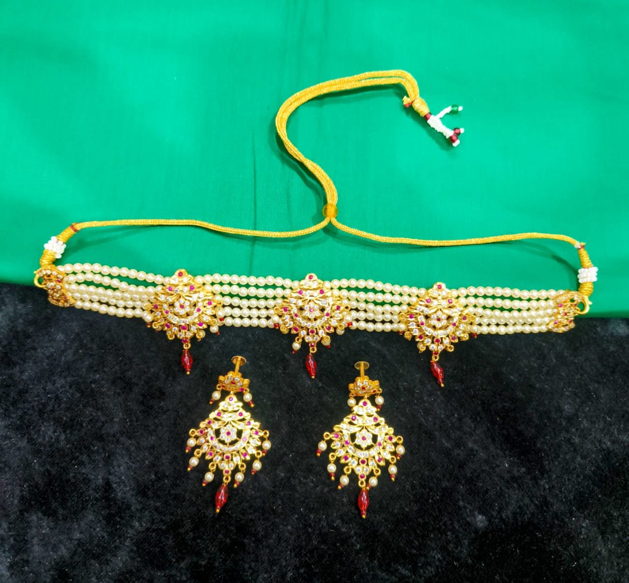 Handcrafted Jadau Gold Polished Necklace Chik Set with Matching Earrings