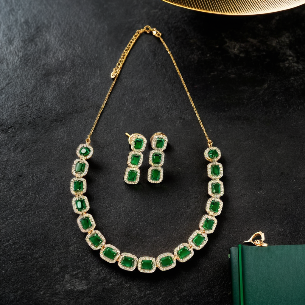 Shahi Pehnawa Emerald Green Necklace Set, Rhodium Plated for Girls and Women