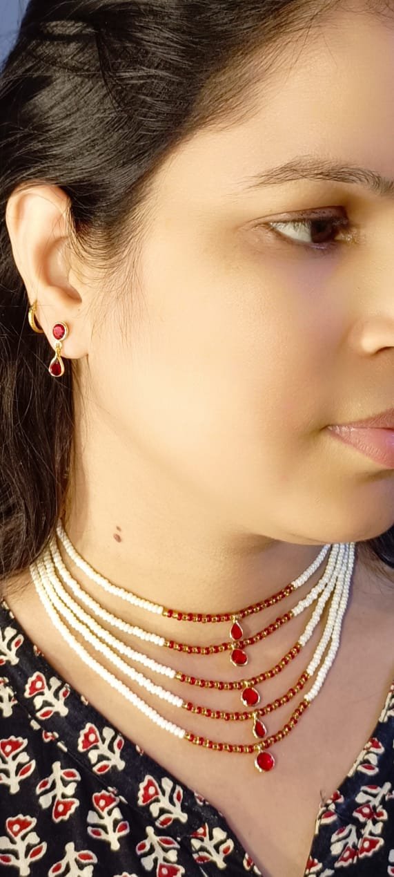 Shahi Pehnawa Traditional Pearl and Stone Layered Necklace Set with Earrings, 5-Strand White Pearl Chain