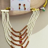 Shahi Pehnawa Traditional Pearl and Stone Layered Necklace Set with Earrings, 5-Strand White Pearl Chain