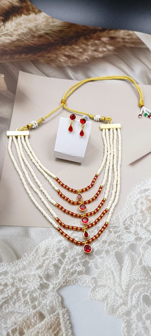 Shahi Pehnawa Traditional Pearl and Stone Layered Necklace Set with Earrings, 5-Strand White Pearl Chain