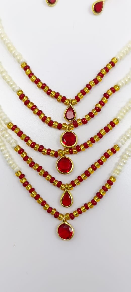 Shahi Pehnawa Traditional Pearl and Stone Layered Necklace Set with Earrings, 5-Strand White Pearl Chain