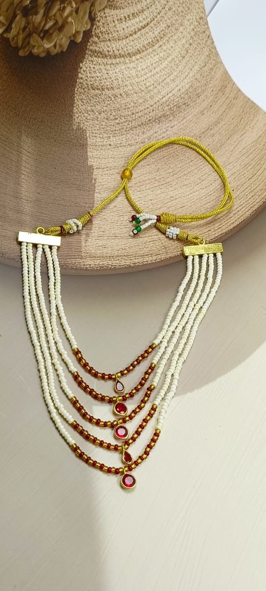 Shahi Pehnawa Traditional Pearl and Stone Layered Necklace Set with Earrings, 5-Strand White Pearl Chain