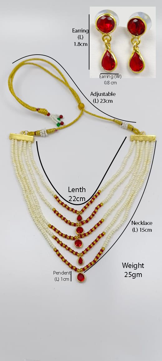 Shahi Pehnawa Traditional Pearl and Stone Layered Necklace Set with Earrings, 5-Strand White Pearl Chain