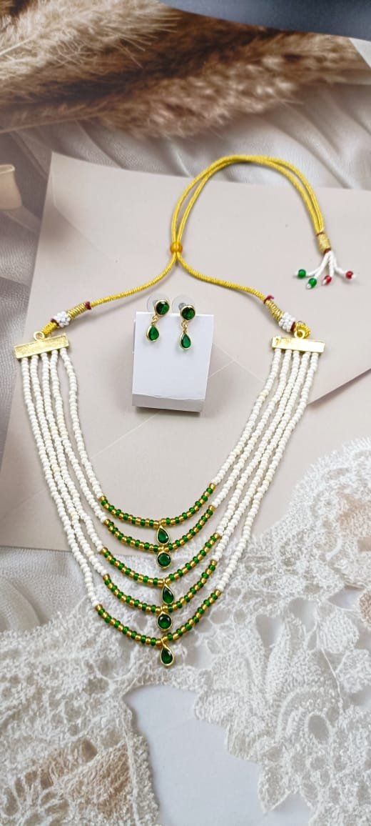 Shahi Pehnawa Traditional Pearl and Stone Layered Necklace Set with Earrings, 5-Strand White Pearl Chain