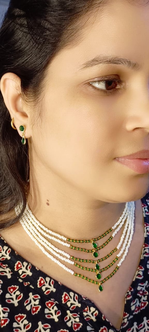 Shahi Pehnawa Traditional Pearl and Stone Layered Necklace Set with Earrings, 5-Strand White Pearl Chain