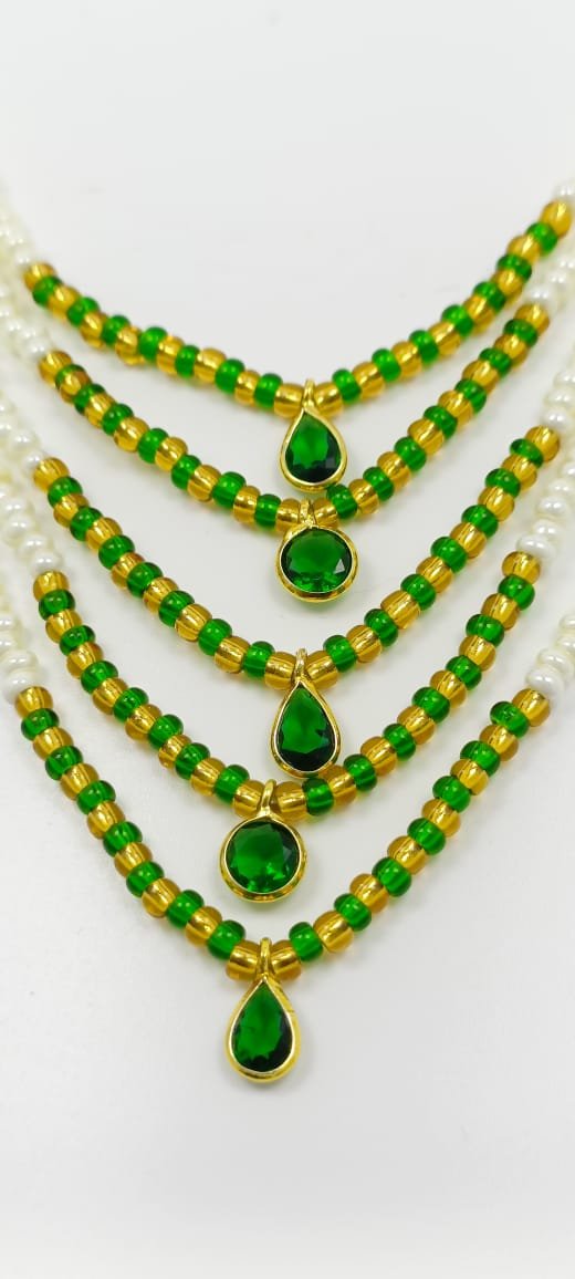 Shahi Pehnawa Traditional Pearl and Stone Layered Necklace Set with Earrings, 5-Strand White Pearl Chain