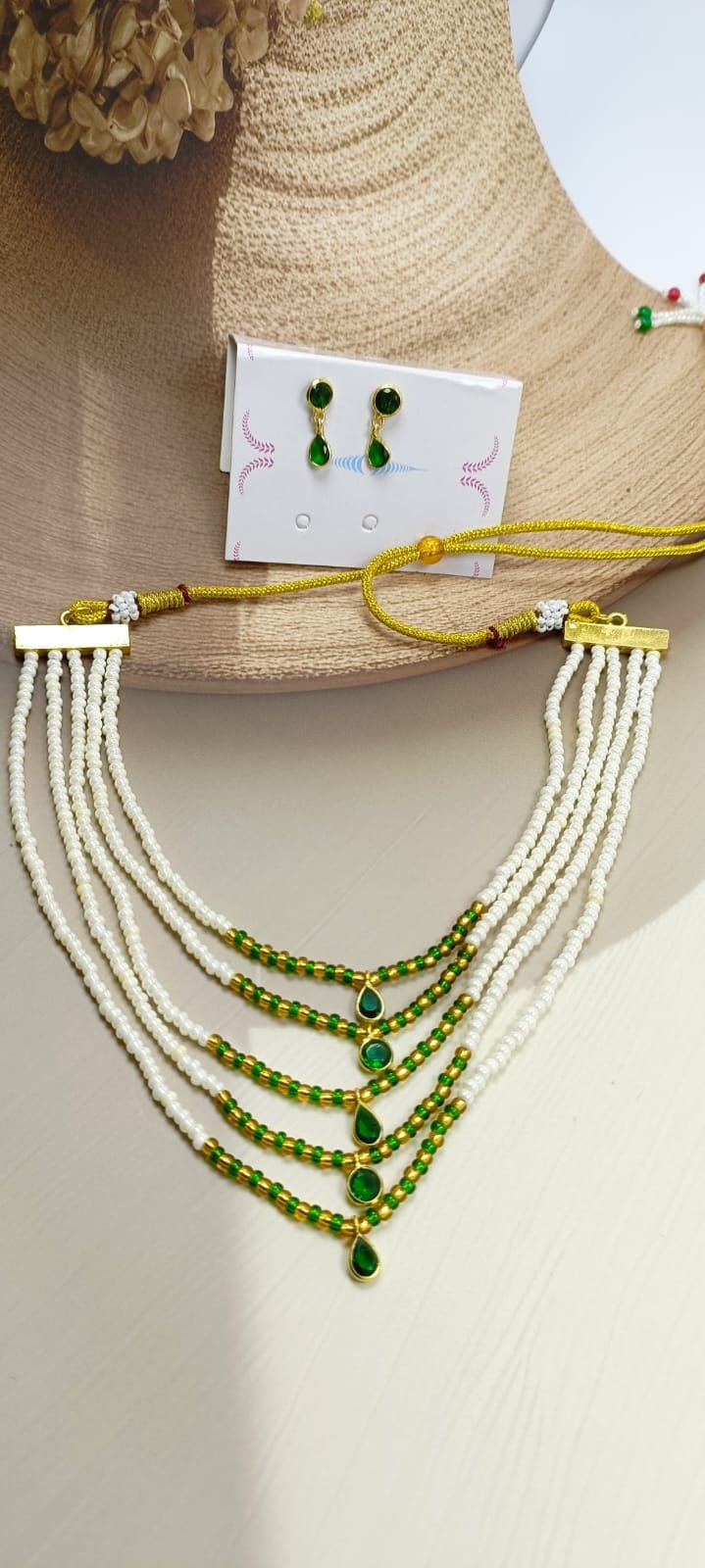 Shahi Pehnawa Traditional Pearl and Stone Layered Necklace Set with Earrings, 5-Strand White Pearl Chain