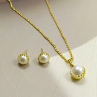 Pearl Jewelry Set with Gold-Plated Chain Necklace and Stud Earrings, White Pearl Pendant