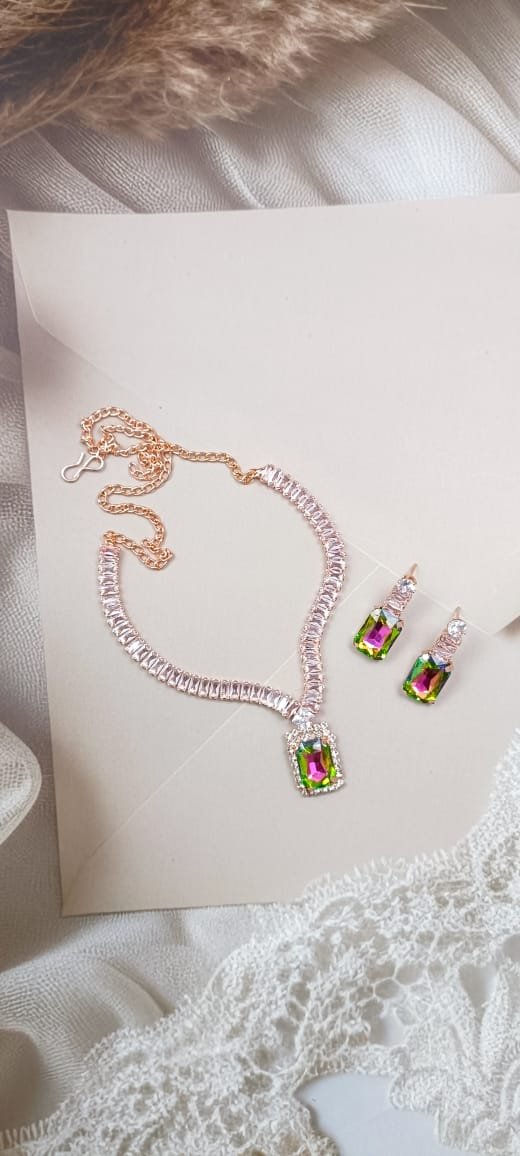 Mystic Cubic Zerconia Crystal Necklace and Earrings Set, Chain with Pendant, Fashion Jewellery