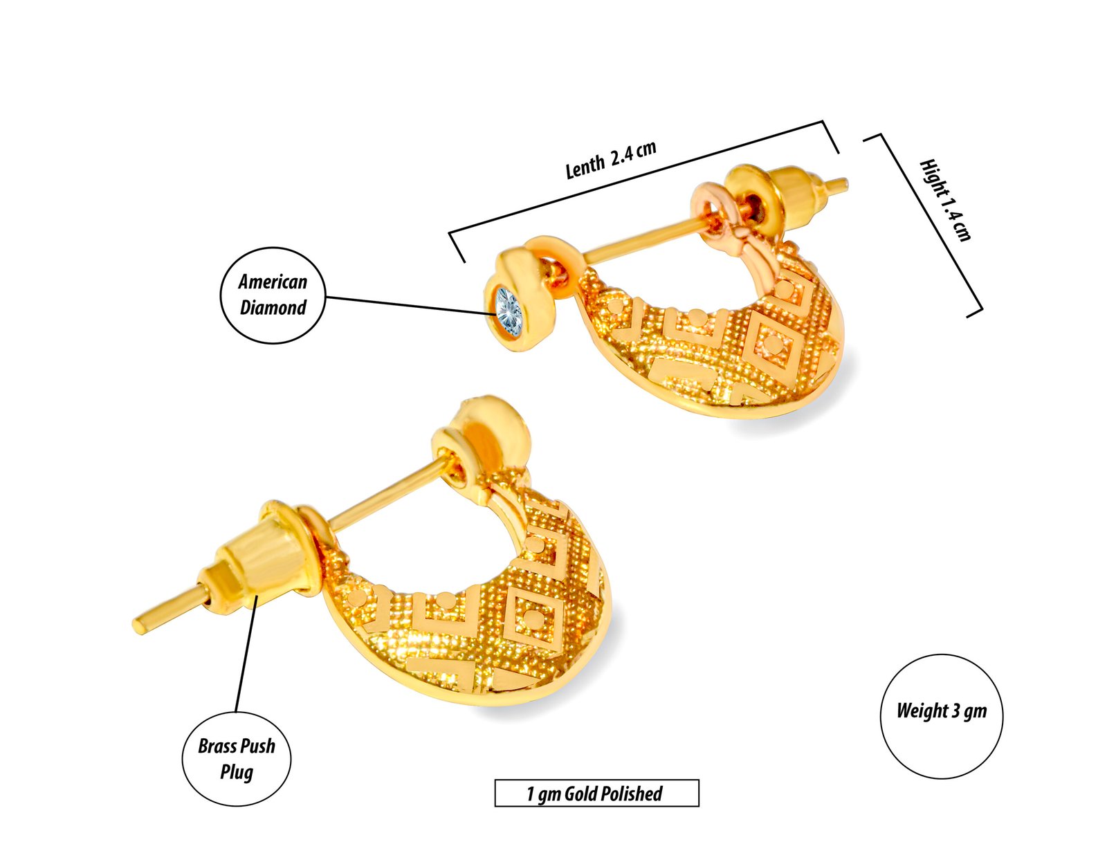 Shahi Pehnawa Gold Plated American Diamond Hoop Earrings, 2.4 cm Length, Brass Push Plug, 3 gm For Men's